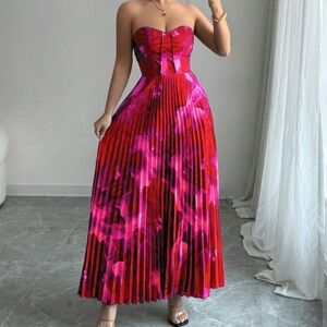 Strapless Red & Fuchsia Pleated Maxi Dress